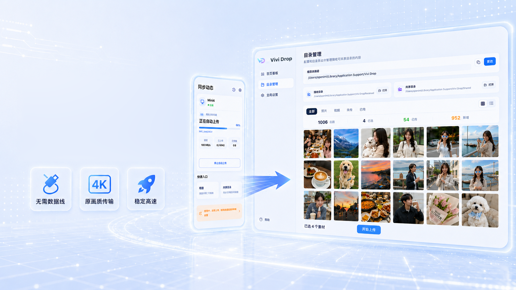 手机向电脑极速传输并在 Vivi Drop 中进行目录管理的功能展示图